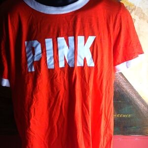 Pink, Orange, and White Tee Shirt With Hoodie.  2 pc. Lady's.